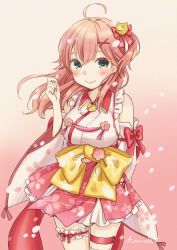 Rule 34 | 1girl, ahoge, bare shoulders, blush, breasts, bridal garter, cherry blossom print, closed mouth, detached sleeves, floral print, frills, green eyes, hair between eyes, hair ornament, highres, holding, holding petal, hololive, long hair, mizutamako, nontraditional miko, one side up, petals, pink hair, sakura miko, sakura miko (1st costume), signature, smile, solo, virtual youtuber, wide sleeves