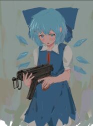 Rule 34 | 1girl, blue bow, blue dress, blue eyes, blue hair, blush, bow, cirno, collared shirt, commentary, cowboy shot, dress, english commentary, fairy wings, gun, hair bow, holding, holding gun, holding weapon, ice, ice wings, looking down, neck ribbon, open mouth, puffy short sleeves, puffy sleeves, raised eyebrows, red ribbon, ribbon, shirt, short hair, short sleeves, skorpion vz. 61, solo, sparkle71059204, submachine gun, touhou, weapon, white shirt, wings