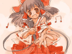 Rule 34 | 1girl, beamed quavers, female focus, hakurei reimu, microphone, momiji mao, music, musical note, open mouth, outstretched hand, singing, solo, touhou