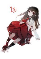 Rule 34 | 1girl, black hair, blouse, blunt bangs, character name, copyright name, highres, ib (ib), ib (kouri), kneehighs, long hair, looking at viewer, no mouth, red eyes, red neckwear, red skirt, ruohire9, shirt, simple background, skirt, socks, solo, white background, white shirt