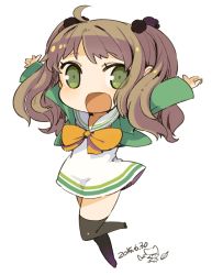 Rule 34 | 1girl, ahoge, arms up, brown hair, character request, chibi, dated, full body, green eyes, long hair, looking at viewer, mota, open mouth, simple background, skirt, smile, solo, thighhighs, white background