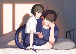 Rule 34 | 1boy, 1girl, absurdres, black hair, blue shirt, blue skirt, blush, brown eyes, couple, dragon boy, dragon horns, dragon tail, hair over eyes, height difference, hetero, highres, holding hands, horns, looking at viewer, lying, non-web source, on bed, on side, original, pillow, pleated skirt, sekiya asami, shirt, short hair, sitting, skirt, smile, tail, white shirt, window shadow