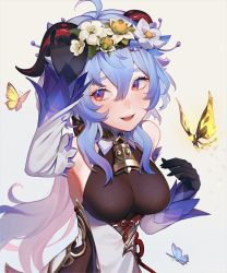 Rule 34 | ahoge, arm up, armpits, bare shoulders, bell, black gloves, blue flower, blue hair, blush, breasts, bug, butterfly, detached sleeves, flower, flower knot, ganyu (genshin impact), genshin impact, glaze lily, gloves, gold trim, hair flower, hair ornament, highres, horns, insect, lavelis, long hair, looking at another, medium breasts, multicolored eyes, neck bell, qingxin flower, sideboob, sidelocks, smile, solo, sweet flower, upper body, white background, white flower, white sleeves