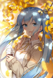 Rule 34 | 1girl, autumn, autumn leaves, blouse, collared shirt, dappled sunlight, day, douya (233), falling leaves, hair between eyes, hatsune miku, highres, leaf, long hair, outdoors, shirt, solo, standing, sunlight, twintails, very long hair, vocaloid, white shirt