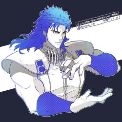 Rule 34 | 1boy, bad id, bad pixiv id, blue hair, halftone, hokuto no ken, limited palette, male focus, mayuzumi, monochrome, muscular, red eyes, rei (hokuto no ken), shoulder pads, solo, spot color, translation request, twitter username, upper body, wristband