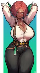 Rule 34 | 1girl, arms behind head, badge, belt, blue eyes, breasts, brown hair, cleavage, dark-skinned female, dark skin, ginseng (xin), giovanna (guilty gear), gloves, glowing, glowing eyes, guilty gear, high-waist pants, highres, large breasts, pants, shirt, short hair, solo, suspenders, taut clothes, taut shirt, wide hips