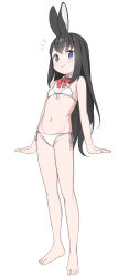 Rule 34 | 1girl, animal ears, bare arms, bare legs, bare shoulders, barefoot, bikini, black hair, blue eyes, bow, bowtie, detached collar, flat chest, front-tie bikini top, front-tie top, full body, highres, light blush, long hair, looking at viewer, navel, notice lines, original, rabbit ears, rabbit girl, red bow, red bowtie, saiste, side-tie bikini bottom, simple background, smile, solo, standing, stomach, string bikini, swimsuit, white background, white bikini