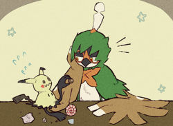 Rule 34 | beak, black eyes, candy, chocolate, closed mouth, creatures (company), decidueye, eye contact, flying sweatdrops, food, full body, furry, game freak, gen 7 pokemon, half-closed eyes, hand up, head rest, holding, holding food, lollipop, looking at another, mimikyu, multicolored eyes, nintendo, pokemon, pokemon (creature), red eyes, shiwo (siwosi), star (symbol), upper body, yellow eyes