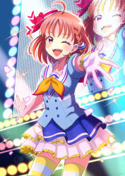 Rule 34 | 1girl, absurdres, aozora jumping heart, birthday, blush, braid, breasts, commentary request, confetti, earrings, gloves, hat, highres, jewelry, looking at viewer, love live!, love live! sunshine!!, one eye closed, orange hair, red eyes, sakutatsu, short hair, short sleeves, single braid, single glove, small breasts, smile, solo, stage, stage lights, takami chika, thighhighs, upper body