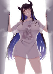 Rule 34 | 1girl, absurdres, black hair, blue hair, breasts, colored inner hair, demon horns, grin, head tilt, highres, hololive, hololive english, horns, large breasts, long hair, looking at viewer, mole, mole under eye, multicolored hair, naked shirt, nerissa ravencroft, print shirt, red eyes, see-through, see-through silhouette, shirt, smile, solo, teeth, two-tone hair, very long hair, vialnite, virtual youtuber, white shirt, yagoo