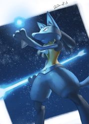 Rule 34 | closed mouth, commentary request, creatures (company), dated, energy, furry, game freak, gen 4 pokemon, hand up, highres, holding, lucario, nintendo, pokemon, pokemon (creature), solo, spareribs, spikes, yellow fur