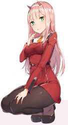 Rule 34 | 10s, 1girl, absurdres, aqua eyes, bad id, bad pixiv id, black pantyhose, breasts, closed mouth, commentary request, darling in the franxx, dress, full body, hairband, hand on own leg, hand up, highres, horns, long hair, long sleeves, looking at viewer, medium breasts, military, military uniform, pantyhose, pink hair, red dress, rikoma, shoes, simple background, solo, squatting, tongue, tongue out, uniform, very long hair, white background, white hairband, yellow neckwear, zero two (darling in the franxx)