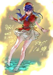 Rule 34 | 1girl, bare legs, blue eyes, blue hair, blush, dress, fire emblem, fire emblem: the binding blade, full body, gloves, hat, headband, highres, lilina (fire emblem), long hair, looking at viewer, nintendo, open mouth, simple background, smile, solo, suzuki rika