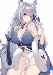 Rule 34 | 1girl, animal ear fluff, animal ears, azur lane, bare shoulders, blue butterfly, blue dress, blue eyes, blue neckwear, blush, breasts, bug, butterfly, butterfly on hand, cleavage, dress, feather boa, fox ears, grey hair, hair between eyes, hair ornament, halter dress, halterneck, hand up, highres, huge breasts, insect, long hair, looking at viewer, muki (muki kunxd), parted lips, shinano (azur lane), shinano (dreams of the hazy moon) (azur lane), sideboob, simple background, sleeveless, sleeveless dress, solo, thighs, very long hair