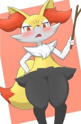 Rule 34 | 1girl, animal ear fluff, animal ears, animal nose, black fur, blush, body fur, border, braixen, creatures (company), embarrassed, fangs, female focus, flat chest, fox ears, fox girl, fox tail, furry, furry female, game freak, gen 6 pokemon, hand on own hip, hand up, holding, holding stick, legs, looking at viewer, multicolored fur, neck fur, nintendo, open mouth, outside border, pokemon, pokemon (creature), red background, red eyes, simple background, snout, solo, standing, stick, tail, teine, thick thighs, thighs, white border, white fur, yellow fur