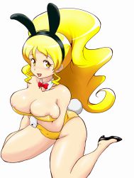 Rule 34 | 10s, 1girl, animal ears, areola slip, bare shoulders, blonde hair, breast hold, breasts, cure honey, fake animal ears, female focus, hair ornament, happinesscharge precure!, high heels, highleg, highres, large breasts, leotard, long hair, oomori yuuko, open mouth, playboy bunny, precure, rabbit ears, rabbit tail, shoes, simple background, sitting, solo, tail, tof, white background, yellow eyes
