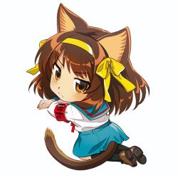Rule 34 | 1girl, animal ears, armband, black socks, blue sailor collar, blue skirt, blush, bow, brown eyes, brown footwear, brown hair, cat ears, cat tail, chibi, closed mouth, commentary request, frown, full body, hair bow, hairband, hotaru iori, ichimi renge, kemonomimi mode, kita high school uniform, kneehighs, looking at viewer, looking back, red armband, sailor collar, school uniform, second-party source, serafuku, shirt, shoes, short hair, simple background, skirt, socks, solo, suzumiya haruhi, suzumiya haruhi no yuuutsu, tail, white background, white shirt, yellow bow, yellow hairband