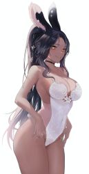 Rule 34 | 1girl, animal ears, bad id, bad pixiv id, bare legs, black choker, black hair, breasts, choker, cleavage, collarbone, covered navel, cowboy shot, dark-skinned female, dark skin, ear piercing, fangs, final fantasy, final fantasy xiv, groin, hair ornament, highleg, highleg leotard, highres, large breasts, leotard, long hair, looking at viewer, oni kanzei, original, parted lips, piercing, ponytail, rabbit ears, rabbit tail, smile, solo, symbol-shaped pupils, tail, viera, warrior of light (ff14), white background, white leotard, yellow eyes