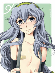 Rule 34 | 10s, 1girl, abriel00, arm warmers, bandaid, bandaids on nipples, blush, collarbone, dated, flat chest, green background, grey eyes, grey hair, hairband, kantai collection, long hair, outside border, pasties, suspenders, topless, topless frame, upper body, yamagumo (kancolle)