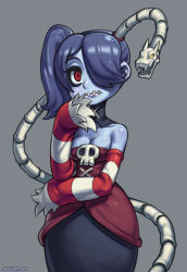 Rule 34 | 1girl, bare shoulders, blue hair, blue skin, blush, breasts, cleavage, colored skin, corset, detached sleeves, dress, frown, hair over one eye, hand to own mouth, leviathan (skullgirls), long hair, long skirt, medium breasts, monster girl, ponytail, red eyes, scar, side ponytail, skirt, skull, skullgirls, sleeves past wrists, solo, speh, squigly (skullgirls), stitched mouth, stitches, strapless, strapless dress, striped, striped sleeves, watermark, web address, zombie