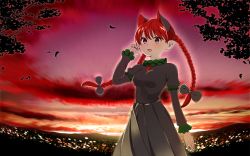 Rule 34 | 1girl, animal ears, bow, braid, cat ears, cat tail, extra ears, hair bow, highres, kaenbyou rin, long hair, no tail, open mouth, pointy ears, red eyes, red hair, sky, solo, sunset, tail, touhou, twin braids, zuttokodomo