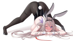 Rule 34 | 1girl, ;), animal ears, arm support, ass, bare shoulders, black footwear, black hairband, black leotard, black pantyhose, blue eyes, blush, braid, breasts, cang se ye hua, closed mouth, commentary request, fake animal ears, fake tail, full body, hairband, hanging breasts, high heels, highleg, highleg leotard, highres, jack-o&#039; challenge, large breasts, leotard, lexington (warship girls r), long hair, one eye closed, pantyhose, playboy bunny, rabbit ears, rabbit tail, revision, sideboob, simple background, smile, solo, spread legs, tail, thigh strap, thong leotard, top-down bottom-up, very long hair, warship girls r, white background, white hair, wrist cuffs