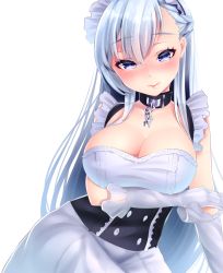 Rule 34 | 1girl, azur lane, bare shoulders, belfast (azur lane), blue eyes, blush, breast hold, breasts, chain, cleavage, collar, curvy, female focus, gloves, highres, large breasts, long hair, long skirt, looking at viewer, maid, maid headdress, silver hair, simple background, skirt, solo, standing, touwa iyo, upper body, white background, white gloves