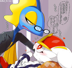 Rule 34 | 2boys, animal hands, animal nose, artist name, black-framed eyewear, black jacket, blue shirt, blue skin, blush, body fur, breath, bright pupils, buck teeth, cinderace, clothed pokemon, collared shirt, colored skin, creatures (company), embarrassed, eye contact, fins, flying sweatdrops, formal, from side, furry, furry male, furry with furry, game freak, gen 8 pokemon, glasses, half-closed eyes, hand to own mouth, hand up, head fins, heart, highres, inteleon, interspecies, jacket, japanese text, kiki (431642), leaning forward, long sleeves, looking at another, looking down, looking up, lying, male focus, matching hair/eyes, multicolored skin, multiple boys, necktie, nervous, nintendo, nose blush, on back, open mouth, pince-nez, pokemon, pokemon (creature), profile, purple background, rabbit boy, rabbit ears, red eyes, red hair, red shorts, reptile boy, shirt, short hair, shorts, speech bubble, spoken blush, spoken flying sweatdrops, suit, sweat, talking, teeth, translation request, twitter username, upper body, watermark, wavy eyes, white fur, white jacket, white pupils, yaoi, yellow eyes, yellow necktie, yellow skin