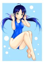 Rule 34 | 1girl, bare legs, blue background, blue hair, blue one-piece swimsuit, blush, breasts, bubble background, collarbone, eyebrows, forehead, full body, green eyes, kantai collection, kudou (ooabareteng), long hair, looking at viewer, low twintails, one-piece swimsuit, ribbon, small breasts, solo, suzukaze (kancolle), swimsuit, twintails