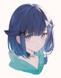 Rule 34 | 1girl, black choker, blue eyes, blue hair, blue shirt, choker, closed mouth, collared shirt, commentary, cropped head, flower, gradient hair, hair flower, hair ornament, hairclip, long bangs, looking at viewer, medium hair, multicolored hair, nakashima (pluscolor), shirt, sidelocks, simple background, smile, solo, symbol-only commentary, tsumugi kokage, virtual youtuber, vspo!, white background, white flower