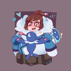 Rule 34 | !, 10s, 1girl, beads, blush, brown eyes, brown hair, cottonwings, creatures (company), crossover, game freak, gen 7 pokemon, glasses, gloves, hair bun, hair ornament, hair stick, hairpin, heart, md5 mismatch, mei (overwatch), nintendo, overwatch, overwatch 1, parka, pokemon, pokemon (creature), pokemon sm, popplio, resized, seal (animal), solo focus, sparkle