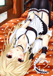 Rule 34 | 1girl, bed, black thighhighs, blonde hair, blush, breasts, buttons, choker, cleavage, collarbone, curtains, downblouse, dress, dress tug, dutch angle, earrings, frilled dress, frilled hairband, frilled thighhighs, frills, garter straps, hair between eyes, hairband, unworn hairband, heart, heart earrings, highres, indoors, jewelry, long hair, looking at viewer, lying, maid, maid headdress, md5 mismatch, medium breasts, moe2015, on back, oosato haya, open mouth, original, parted lips, pendant, pillow, polka dot, polka dot pillow, red eyes, ribbon-trimmed legwear, ribbon trim, short sleeves, solo, thighhighs, windowsill, wooden wall, wrist cuffs