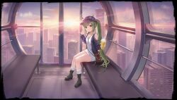 1girl absurdres an_shan_(azur_lane) an_shan_(setting_sun_hearts_as_one)_(azur_lane) azur_lane blue_hat blue_jacket blush boots building cabbie_hat cityscape closed_mouth clothing_cutout collarbone cross-laced_footwear cup disposable_cup dress drinking_straw ferris_wheel_interior green_eyes green_hair hat highres holding holding_cup jacket lace-up_boots long_hair looking_at_viewer multiple_expressions non-web_source official_alternate_costume official_art open_mouth ponytail revision shoulder_cutout silveroid sitting smile solo transparent_background very_long_hair white_dress