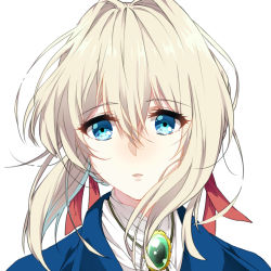Rule 34 | 1girl, 277114602, absurdres, blonde hair, blue eyes, blue jacket, commentary request, hair between eyes, hair ribbon, highres, jacket, jewelry, long hair, looking at viewer, messy hair, parted lips, portrait, red ribbon, ribbon, short hair, simple background, solo, violet evergarden, violet evergarden (series), white background, white neckwear
