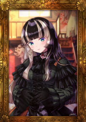 Rule 34 | 1girl, absurdres, black choker, black dress, black gloves, black hair, blue eyes, blunt bangs, blush, choker, dress, frilled dress, frills, gloves, gothic lolita, grey hair, highres, hololive, hololive dev is, juufuutei raden, lace-trimmed choker, lace trim, lolita fashion, long hair, looking at viewer, mikannsisyou, multicolored hair, sidelocks, smile, solo, streaked hair, virtual youtuber