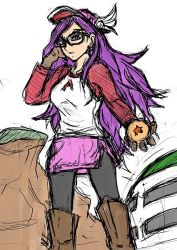 Rule 34 | 1girl, aged up, berujaman, boots, breasts, clothes writing, crossover, dr. slump, dragon ball, dragon ball (object), glasses, gloves, head wings, holding, knee boots, long hair, long sleeves, norimaki arale, pantyhose, purple eyes, purple hair, raglan sleeves, sketch, skirt, solo, wings