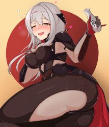 Rule 34 | 1girl, absurdres, armor, artist request, ass, blush, bodysuit, breasts, cameltoe, drunk, gloves, goddess of victory: nikke, grey hair, highres, large breasts, long hair, looking at viewer, open mouth, scarlet (black shadow) (nikke), scarlet (nikke), smile, solo, sweat, very long hair, yellow eyes