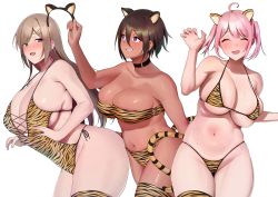 Rule 34 | 3girls, absurdres, amano don, animal ears, animal print, bare shoulders, bikini, blue eyes, blush, breasts, brown hair, cleavage, closed eyes, collarbone, dark-skinned female, dark skin, grin, hair ornament, hairclip, hands up, highleg, highleg swimsuit, highres, large breasts, long hair, looking at viewer, micro bikini, mole, mole under mouth, multiple girls, navel, one-piece swimsuit, open mouth, orange legwear, orange one-piece swimsuit, original, pink hair, purple eyes, short hair, short twintails, simple background, skindentation, smile, swept bangs, swimsuit, thighhighs, thighs, tiger ears, tiger print, twintails