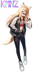 1girl animal_ears black_pants brown_hair commentary commentary_request dog_ears dog_tail full_body hand_in_pocket highres jacket jewelry kmnz lita_(kmnz) long_hair looking_at_viewer midriff navel necklace open_clothes open_jacket pants parted_lips shoes solo sunglasses tail tinted_eyewear tsugu0302 virtual_youtuber white_footwear