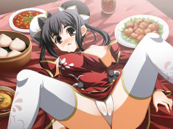Rule 34 | 1girl, absurdres, black hair, breast slip, breasts, brown eyes, cameltoe, china dress, chinese clothes, cum, detached sleeves, dress, facial, female focus, food, hair bobbles, hair ornament, highres, kokuyouseki, large breasts, legs, nipples, no bra, on table, one breast out, open clothes, original, panties, pussy, see-through, short hair, side slit, solo, spread legs, table, thighhighs, thighs, underwear, white panties, white thighhighs