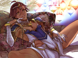 Rule 34 | 1boy, ahoge, armor, brown hair, claws, collar, cosplay, couch, crossdressing, dark skin, dark-skinned male, fate/grand order, fate/prototype, fate/prototype: fragments of blue and silver, fate (series), headband, lantern, loinclothes, male focus, ozymandias (fate), pauldrons, scheherazade (fate) (cosplay), scheherazade (fate), shoulder armor, solo, spread legs, zuwai kani