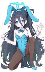 Rule 34 | 1girl, animal ears, aqua halo, aris (blue archive), black hair, black pantyhose, blue archive, blue bow, blue bowtie, blue eyes, blue leotard, bow, bowtie, breasts, detached collar, hair between eyes, halo, highres, kenzuishi (pixiv1071422), leotard, long hair, long hair between eyes, looking at viewer, on one knee, one side up, pantyhose, playboy bunny, rabbit ears, rectangular halo, simple background, small breasts, solo, strapless, strapless leotard, very long hair, white background, wrist cuffs