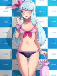 Rule 34 | 1girl, bad id, bad pixiv id, bikini, blue eyes, blue hair, blush, breasts, cleavage, closed umbrella, happinesscharge precure!, hat, hosshiwa, long hair, looking at viewer, matching hair/eyes, mogiki hayami, navel, one eye closed, parody, planted, planted umbrella, precure, race queen, small breasts, smile, sofmap, sofmap background, solo, step and repeat, swimsuit, thigh gap, umbrella