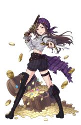 Rule 34 | 1girl, :d, arm belt, bandana, belt, belt boots, black footwear, boots, bracelet, brown hair, coin, dorothy (princess principal), full body, gun, highres, holding, holding gun, holding weapon, jewelry, knife, long hair, midriff, necklace, official art, open mouth, princess principal, princess principal game of mission, ring, shorts, smile, solo, standing, striped bandana, striped clothes, striped shorts, thigh boots, thighhighs, transparent background, treasure chest, unworn jewelry, unworn necklace, weapon