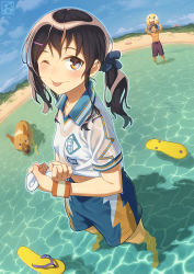 Rule 34 | 1boy, 1girl, ;p, aoi sora (pairan), arms up, ball, barefoot, beachball, blush, brown eyes, brown hair, dark skin, dog, flip-flops, from above, hair ribbon, long hair, looking at viewer, looking up, midriff peek, one eye closed, original, pairan, polo shirt, ribbon, sandals, see-through, shirt, shorts, smile, soaking feet, solo focus, spiked hair, standing, standing on liquid, tongue, tongue out, topless male, twintails, wading, water, wet, wet clothes, white shirt