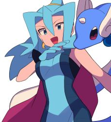 Rule 34 | 1girl, :d, blue bodysuit, blue eyes, blue gloves, blue hair, bodysuit, breasts, cape, clair (pokemon), commentary request, creatures (company), dragonair, earrings, eyelashes, game freak, gen 1 pokemon, gloves, hand up, highres, jewelry, long hair, nintendo, open mouth, pokemon, pokemon (creature), pokemon hgss, ponytail, simple background, smile, tongue, tooth earrings, two-tone bodysuit, tyako 089, white background