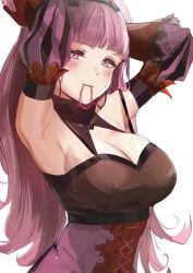 Rule 34 | 1girl, adjusting hair, armpits, arms up, blunt bangs, blush, breasts, cleavage, detached sleeves, earrings, elbow gloves, female focus, fire emblem, fire emblem: three houses, gloves, highres, hilda valentine goneril, hoop earrings, jewelry, large breasts, long hair, matching hair/eyes, mouth hold, nintendo, ormille, pink eyes, pink hair, sideboob, simple background, skindentation, solo, standing, sweat, upper body, white background