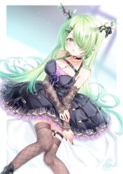 Rule 34 | 1girl, absurdres, antler ribbon, antlers, black bow, black choker, black dress, black nails, bow, breasts, ceres fauna, ceres fauna (goth), chest harness, choker, cleavage, dress, fishnet thighhighs, fishnets, flower, frilled dress, frills, green hair, hair bow, hair flower, hair ornament, hair over one eye, hairpin, harness, heart o-ring, highres, hololive, hololive english, horns, kan (kan0108), large breasts, long hair, looking at viewer, mole, mole under eye, nail polish, o-ring, o-ring choker, o-ring thigh strap, official alternate costume, open mouth, sleeveless, sleeveless dress, solo, thigh strap, thighhighs, virtual youtuber, yellow eyes