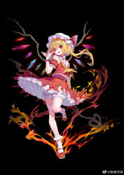 Rule 34 | 1girl, absurdres, apple, ascot, bare shoulders, black background, blonde hair, breasts, bug, bunuojiang, butterfly, butterfly wings, choker, collar, collared shirt, crystal, detached sleeves, fire, flandre scarlet, flower, flying, food, frills, fruit, hair between eyes, hand up, hat, hat ribbon, highres, insect, insect wings, jewelry, leg up, looking at viewer, medium breasts, mob cap, multicolored hair, open mouth, ponytail, puffy short sleeves, puffy sleeves, red choker, red eyes, red footwear, red ribbon, red shirt, red skirt, ribbon, shirt, shoes, short hair, short sleeves, shorts, simple background, skirt, smile, socks, solo, standing, standing on one leg, touhou, white flower, white hat, white shorts, white socks, wings, yellow ascot, ||/