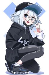 Rule 34 | 1girl, :3, :d, baseball cap, black-framed eyewear, black footwear, black hat, black leggings, black sweater, blue background, blue eyes, blush, colored shadow, commentary request, eyebrows hidden by hair, full body, glasses, gosegu, grey hair, hair between eyes, hand up, hat, highres, korean commentary, leggings, long sleeves, looking at viewer, mask, mask pull, mouth mask, on one knee, open mouth, round eyewear, shadow, shirt, shoes, sleeves past wrists, smile, socks, solo, squatting, sweater, thick eyebrows, tosyeo, two-tone background, virtual youtuber, w, waktaverse, white background, white shirt, white socks